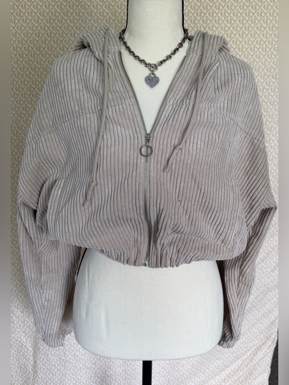 Altar'd State Women's Beige Corduroy Cropped Zip-Up Drawstring Hoodie Jacket S